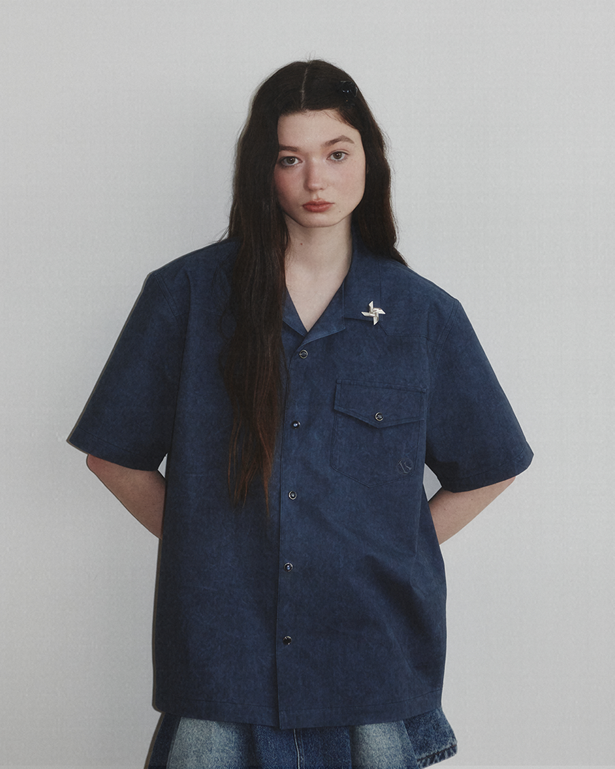 Western Dyed Milling Open Collar Shirt_Navy_W